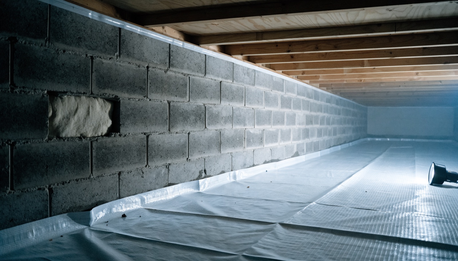 A sealed residential crawl space in Middle Tennessee with a heavy white liner covering the ground and taped up the block foundation walls